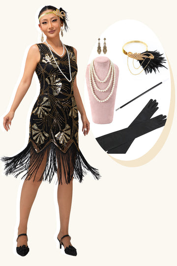 Sparkly Black Fringed Sequins Gatsby Midi 1920s Dress with 5 Piece Accessory Set